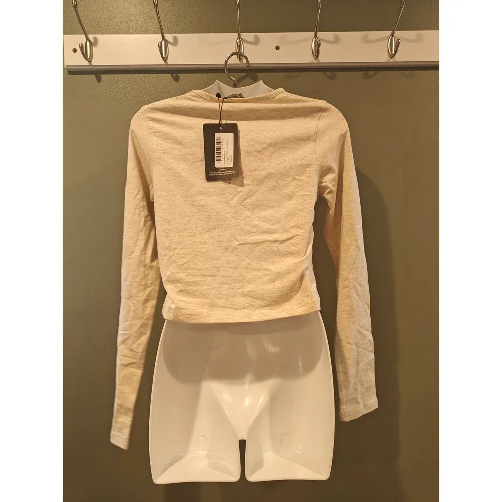 prettylittlething SHAPE OATMEAL MARL UNDERBUST LONG SLEEVE TOP - Picture 3 of 4